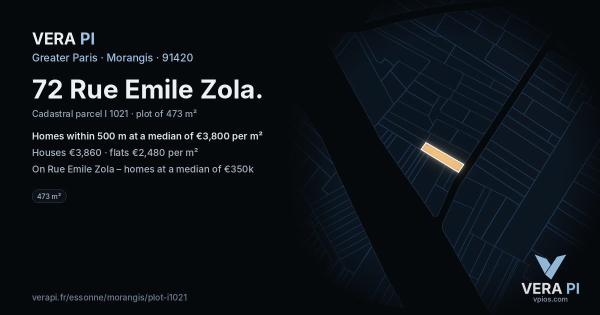 72 Rue Emile Zola, Morangis at night – the plot lit, the parcels around coloured by the prices near them