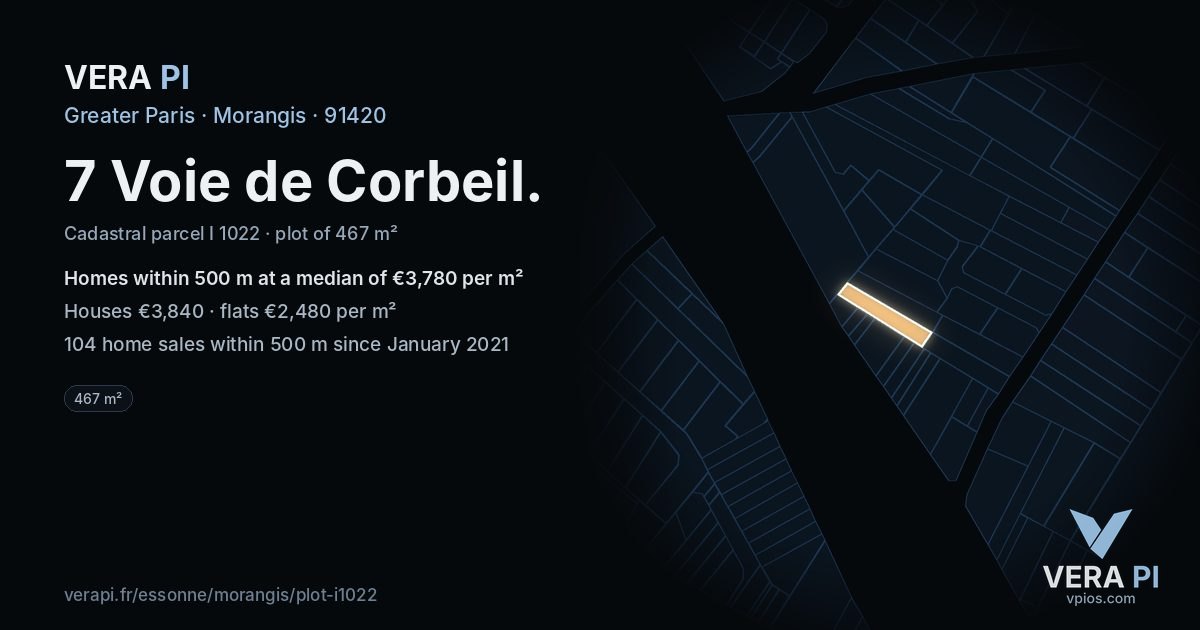 7 Voie de Corbeil, Morangis at night – the plot lit, the parcels around coloured by the prices near them