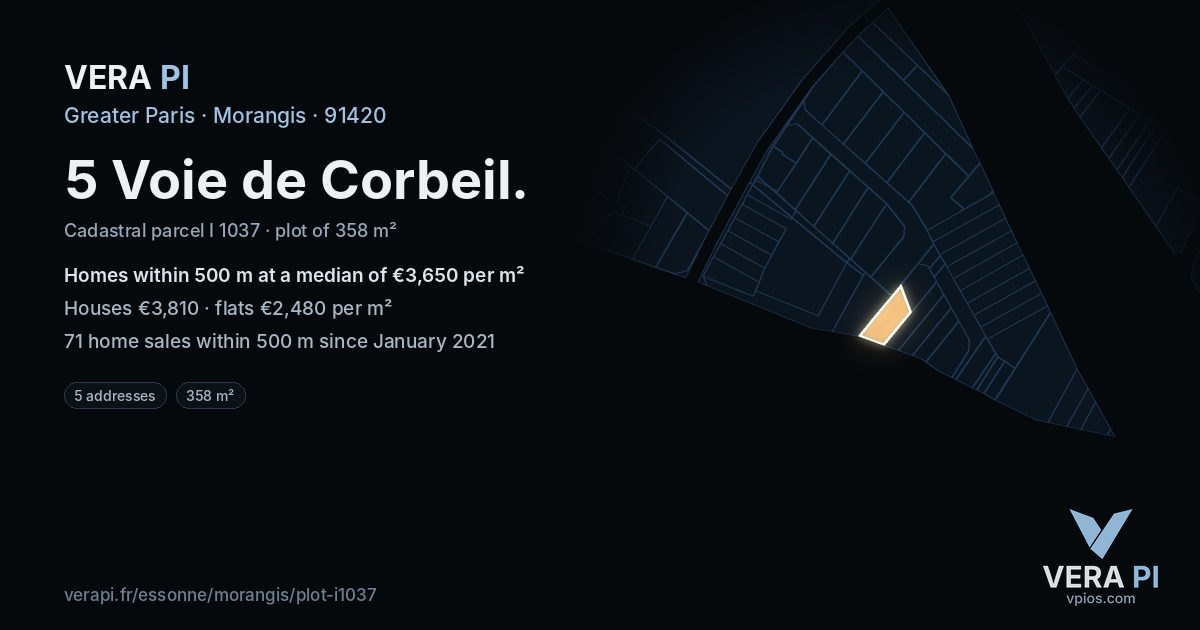5 Voie de Corbeil, Morangis at night – the plot lit, the parcels around coloured by the prices near them