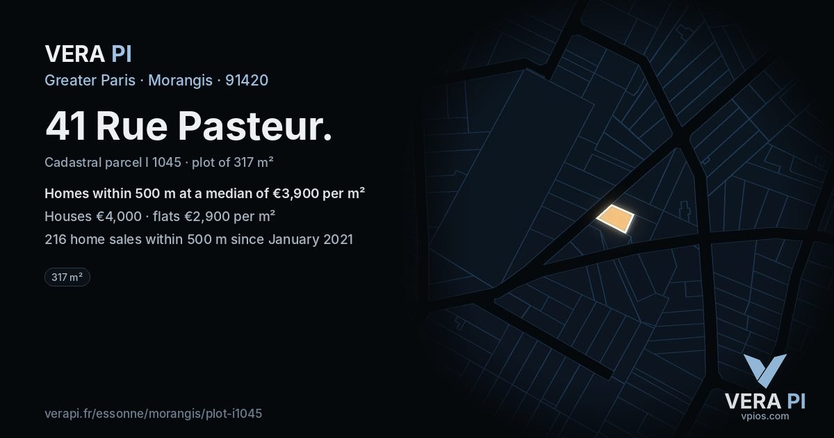 41 Rue Pasteur, Morangis at night – the plot lit, the parcels around coloured by the prices near them