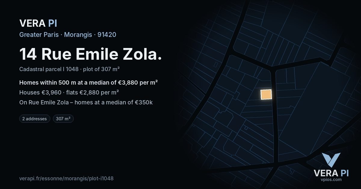 14 Rue Emile Zola, Morangis at night – the plot lit, the parcels around coloured by the prices near them