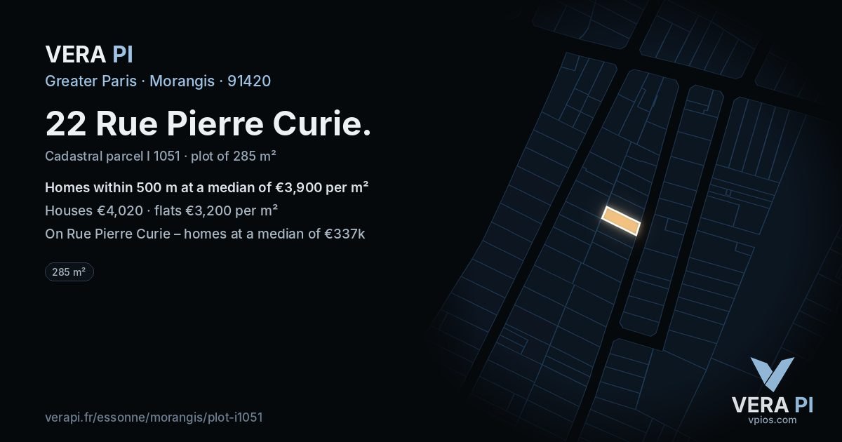 22 Rue Pierre Curie, Morangis at night – the plot lit, the parcels around coloured by the prices near them