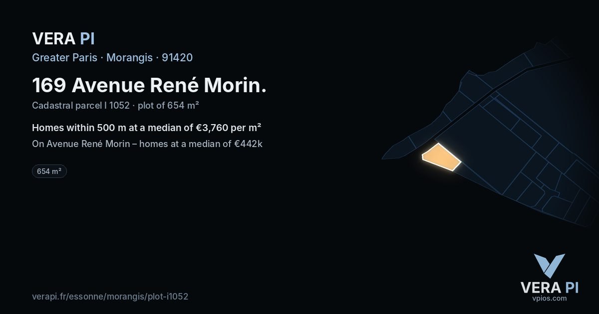 169 Avenue René Morin, Morangis at night – the plot lit, the parcels around coloured by the prices near them