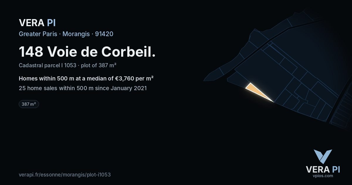 148 Voie de Corbeil, Morangis at night – the plot lit, the parcels around coloured by the prices near them