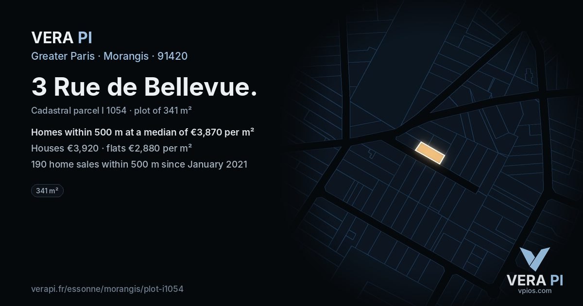 3 Rue de Bellevue, Morangis at night – the plot lit, the parcels around coloured by the prices near them