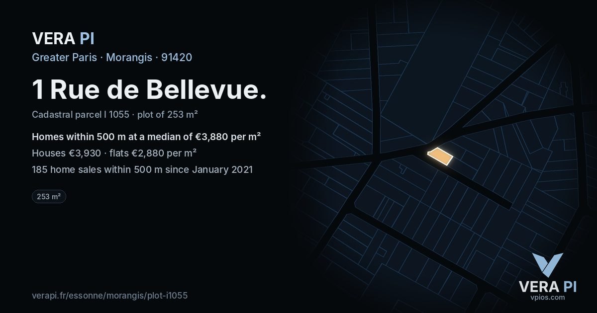 1 Rue de Bellevue, Morangis at night – the plot lit, the parcels around coloured by the prices near them