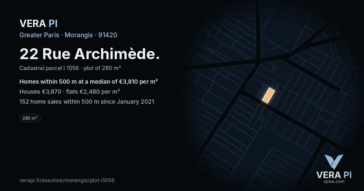 22 Rue Archimède, Morangis at night – the plot lit, the parcels around coloured by the prices near them