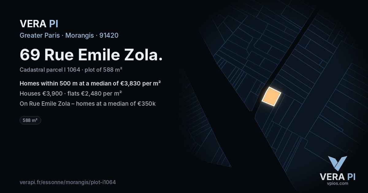 69 Rue Emile Zola, Morangis at night – the plot lit, the parcels around coloured by the prices near them