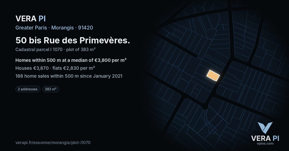 50 bis Rue des Primevères, Morangis at night – the plot lit, the parcels around coloured by the prices near them