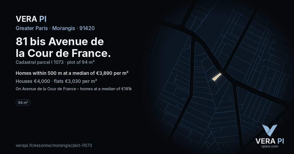 81 bis Avenue de la Cour de France, Morangis at night – the plot lit, the parcels around coloured by the prices near them