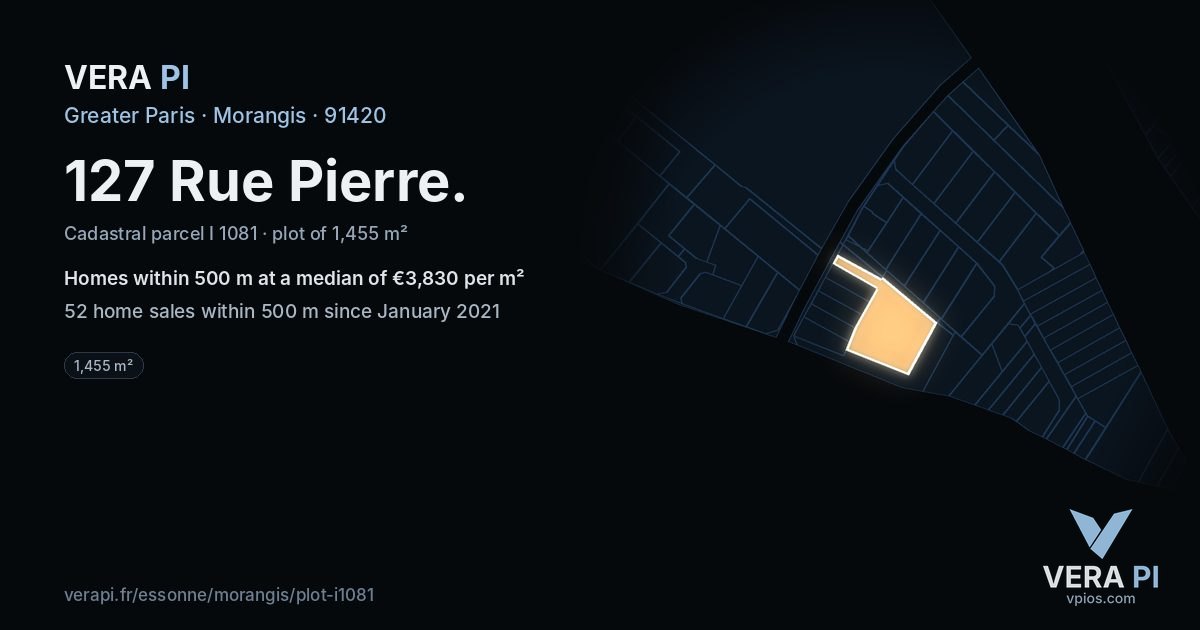 127 Rue Pierre, Morangis at night – the plot lit, the parcels around coloured by the prices near them