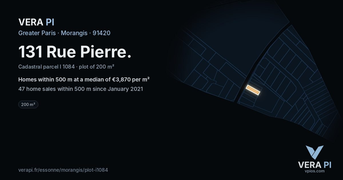 131 Rue Pierre, Morangis at night – the plot lit, the parcels around coloured by the prices near them