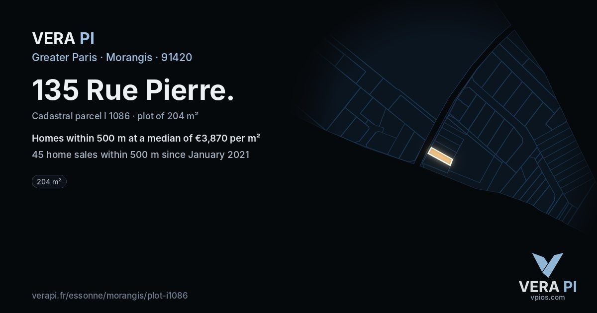 135 Rue Pierre, Morangis at night – the plot lit, the parcels around coloured by the prices near them