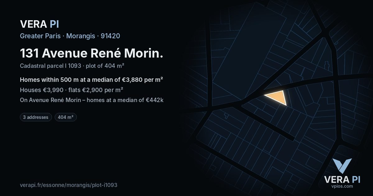 131 Avenue René Morin, Morangis at night – the plot lit, the parcels around coloured by the prices near them