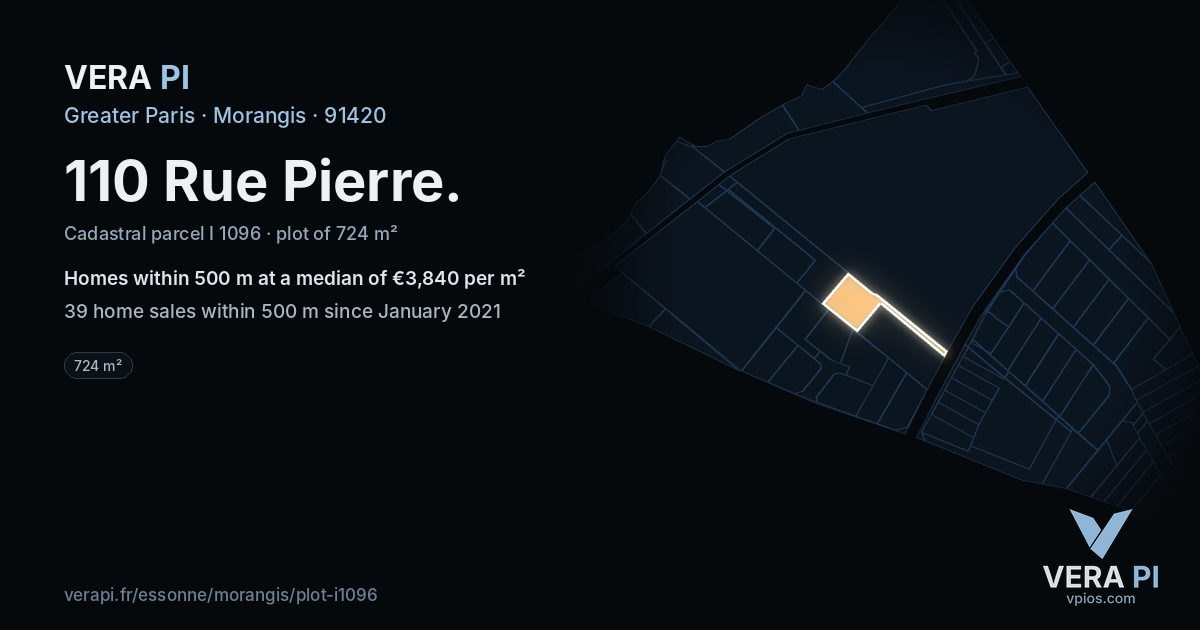 110 Rue Pierre, Morangis at night – the plot lit, the parcels around coloured by the prices near them