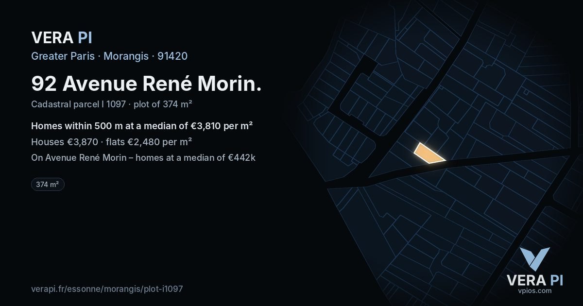 92 Avenue René Morin, Morangis at night – the plot lit, the parcels around coloured by the prices near them