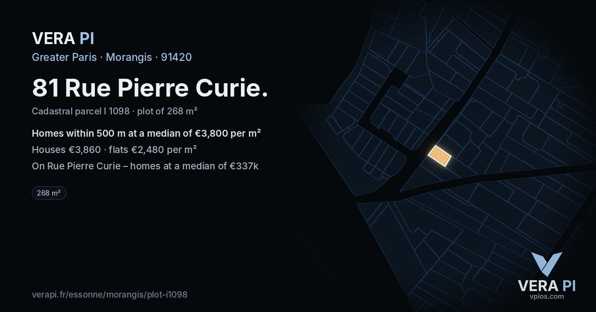 81 Rue Pierre Curie, Morangis at night – the plot lit, the parcels around coloured by the prices near them