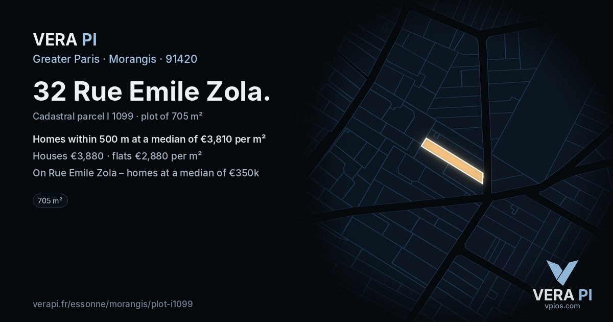 32 Rue Emile Zola, Morangis at night – the plot lit, the parcels around coloured by the prices near them