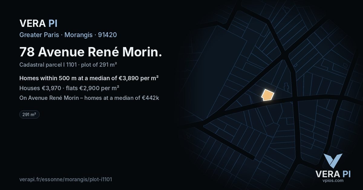 78 Avenue René Morin, Morangis at night – the plot lit, the parcels around coloured by the prices near them