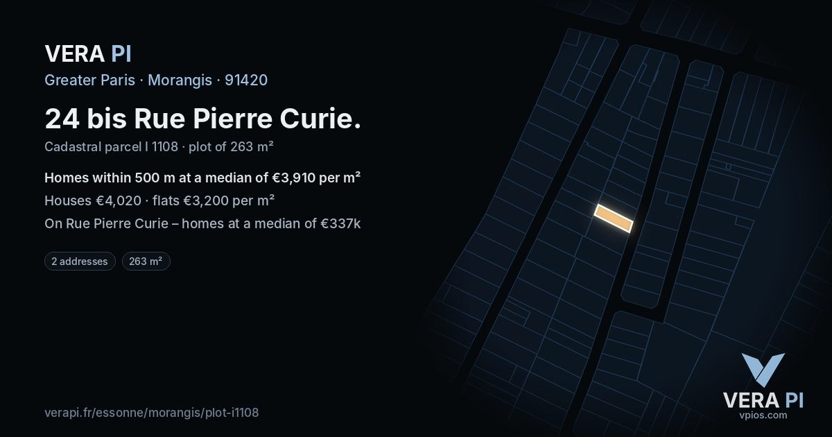 24 bis Rue Pierre Curie, Morangis at night – the plot lit, the parcels around coloured by the prices near them