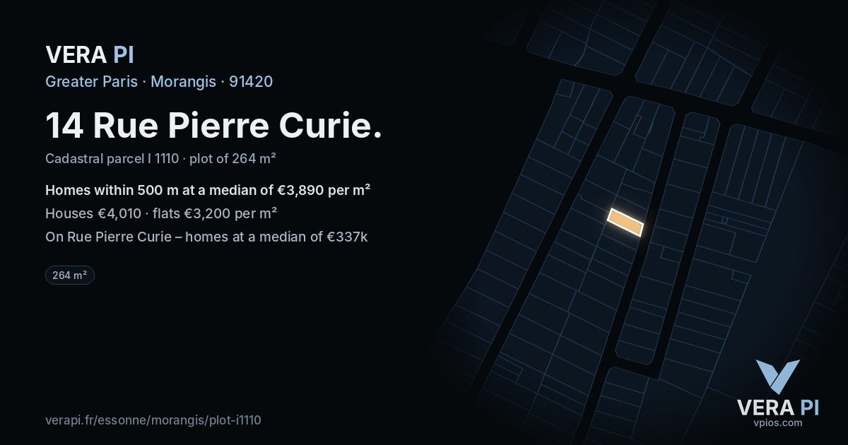 14 Rue Pierre Curie, Morangis at night – the plot lit, the parcels around coloured by the prices near them