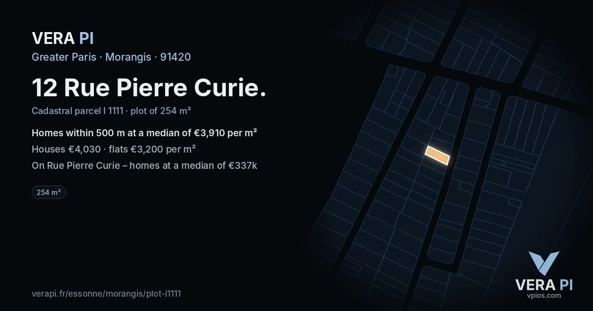 12 Rue Pierre Curie, Morangis at night – the plot lit, the parcels around coloured by the prices near them