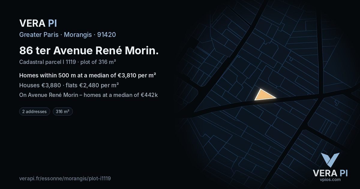 86 ter Avenue René Morin, Morangis at night – the plot lit, the parcels around coloured by the prices near them