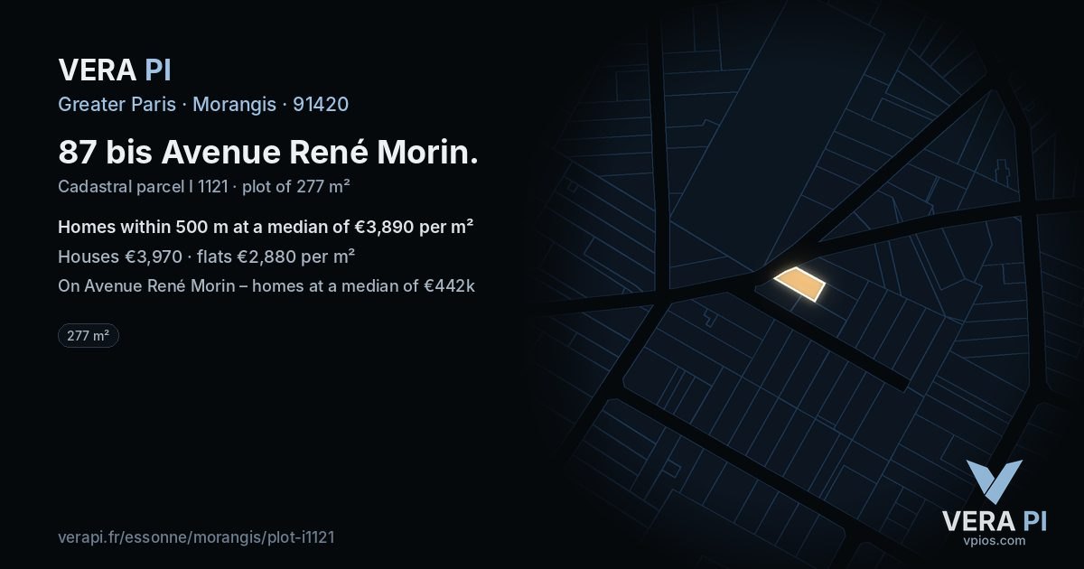 87 bis Avenue René Morin, Morangis at night – the plot lit, the parcels around coloured by the prices near them