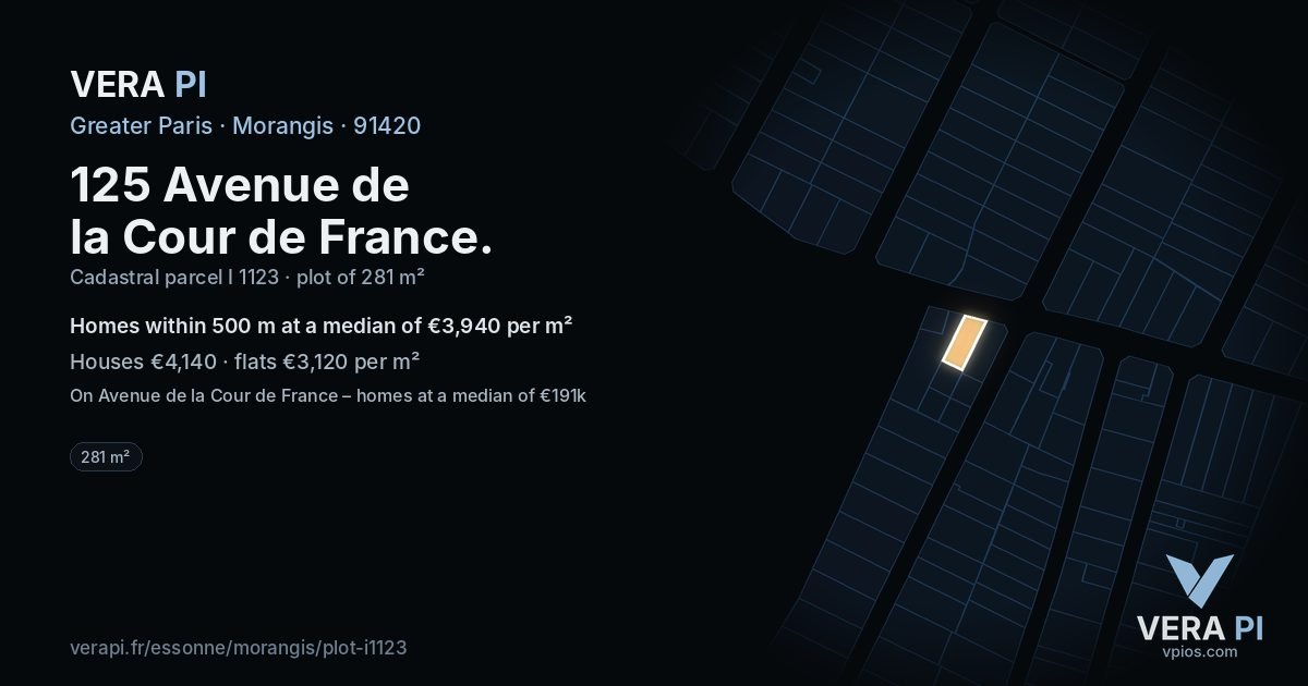 125 Avenue de la Cour de France, Morangis at night – the plot lit, the parcels around coloured by the prices near them