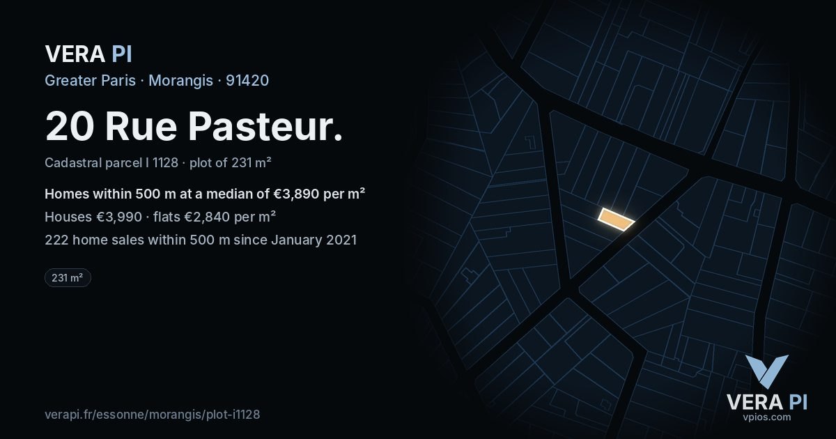 20 Rue Pasteur, Morangis at night – the plot lit, the parcels around coloured by the prices near them