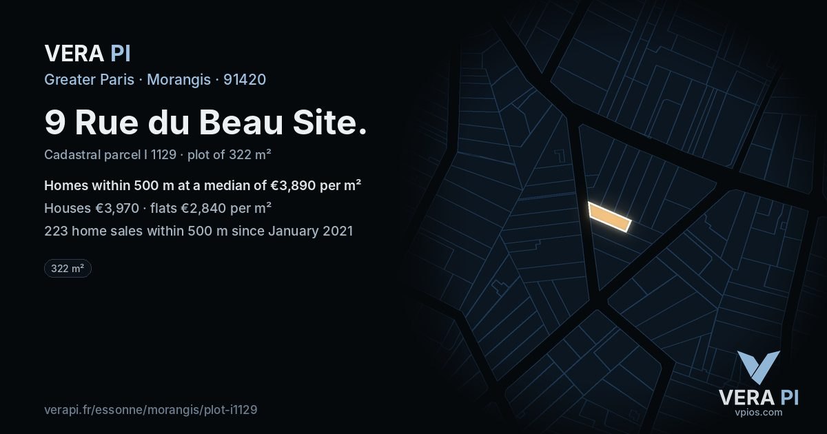 9 Rue du Beau Site, Morangis at night – the plot lit, the parcels around coloured by the prices near them