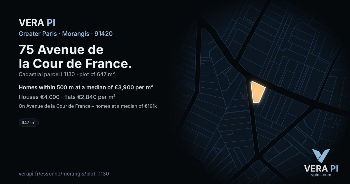 75 Avenue de la Cour de France, Morangis at night – the plot lit, the parcels around coloured by the prices near them