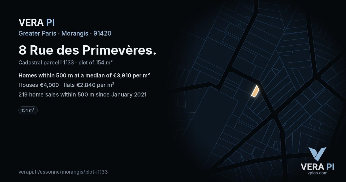 8 Rue des Primevères, Morangis at night – the plot lit, the parcels around coloured by the prices near them