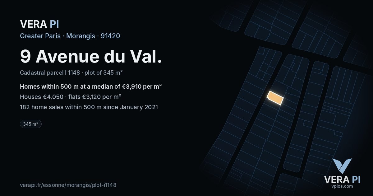 9 Avenue du Val, Morangis at night – the plot lit, the parcels around coloured by the prices near them