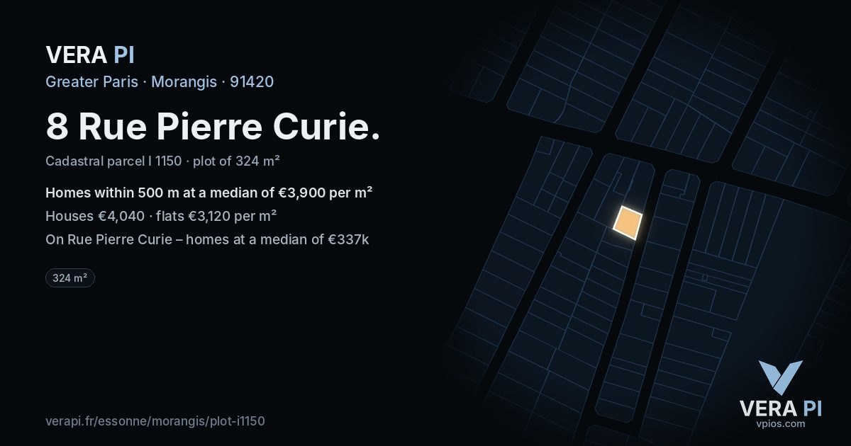 8 Rue Pierre Curie, Morangis at night – the plot lit, the parcels around coloured by the prices near them