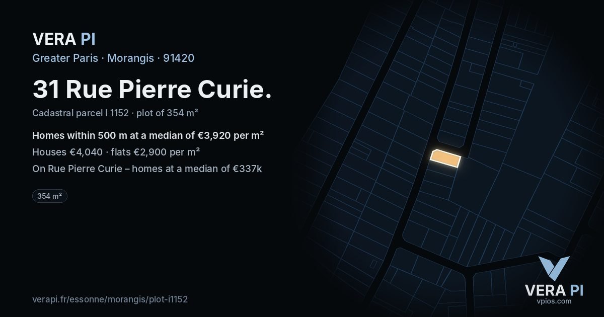 31 Rue Pierre Curie, Morangis at night – the plot lit, the parcels around coloured by the prices near them
