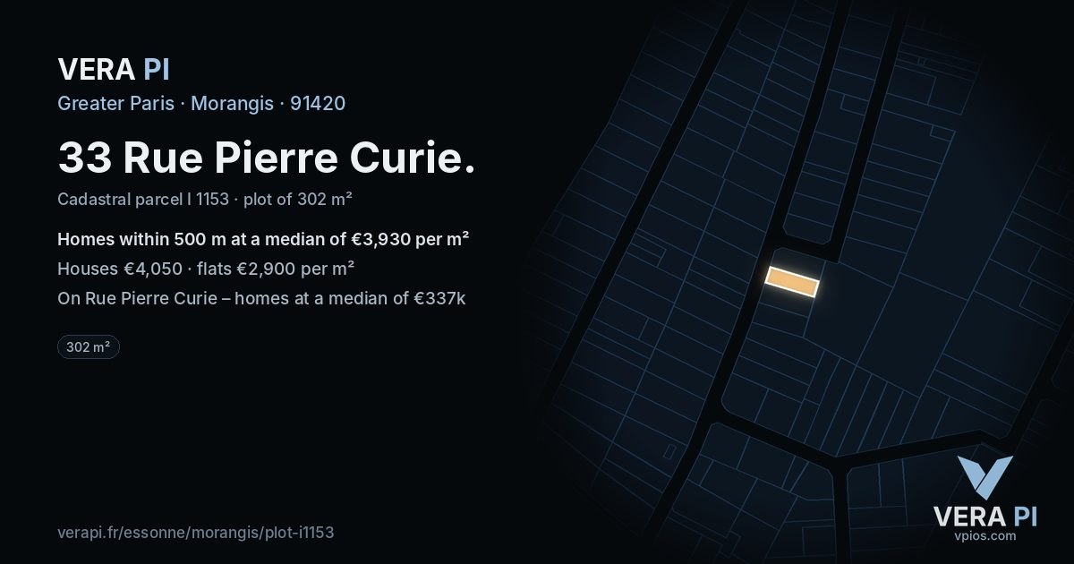 33 Rue Pierre Curie, Morangis at night – the plot lit, the parcels around coloured by the prices near them