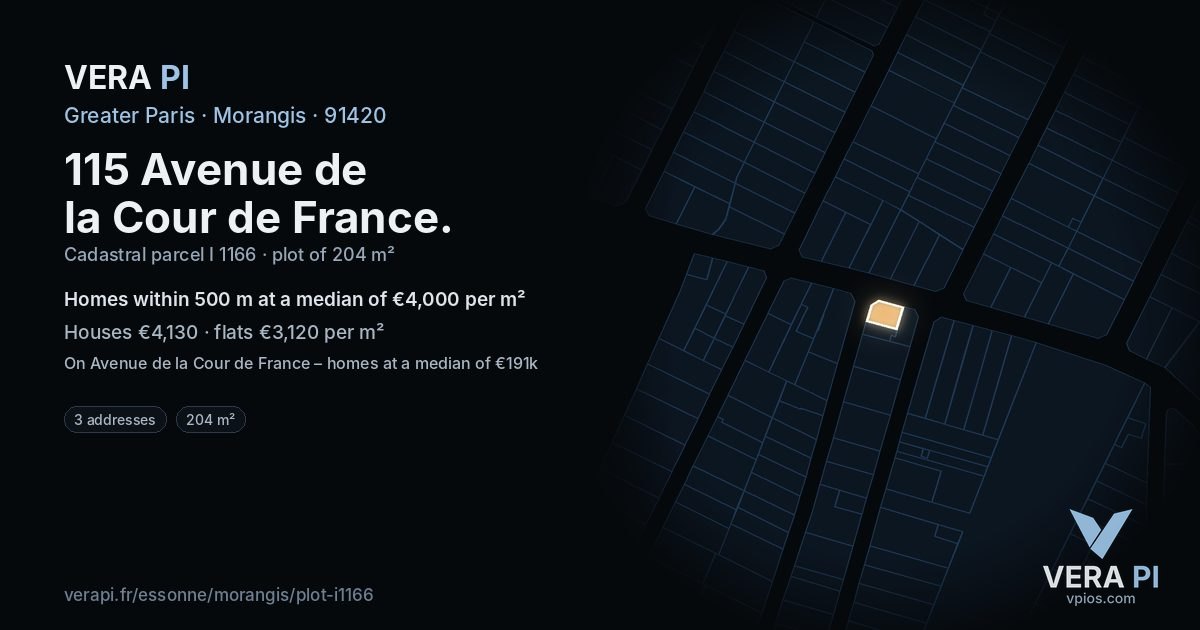 115 Avenue de la Cour de France, Morangis at night – the plot lit, the parcels around coloured by the prices near them