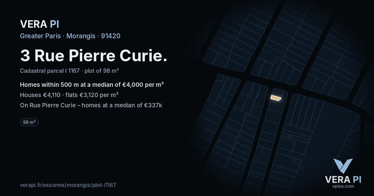 3 Rue Pierre Curie, Morangis at night – the plot lit, the parcels around coloured by the prices near them
