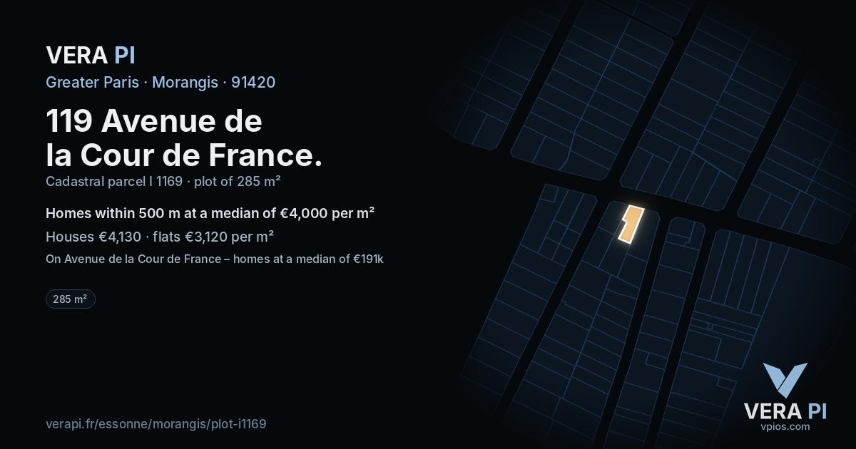119 Avenue de la Cour de France, Morangis at night – the plot lit, the parcels around coloured by the prices near them
