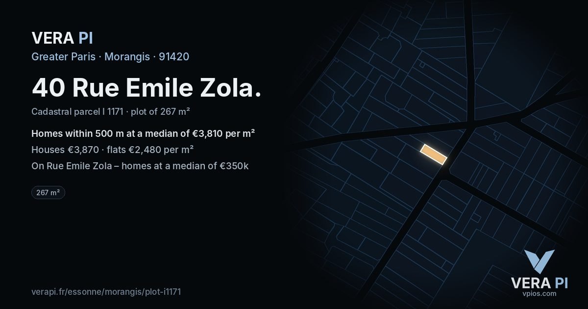 40 Rue Emile Zola, Morangis at night – the plot lit, the parcels around coloured by the prices near them