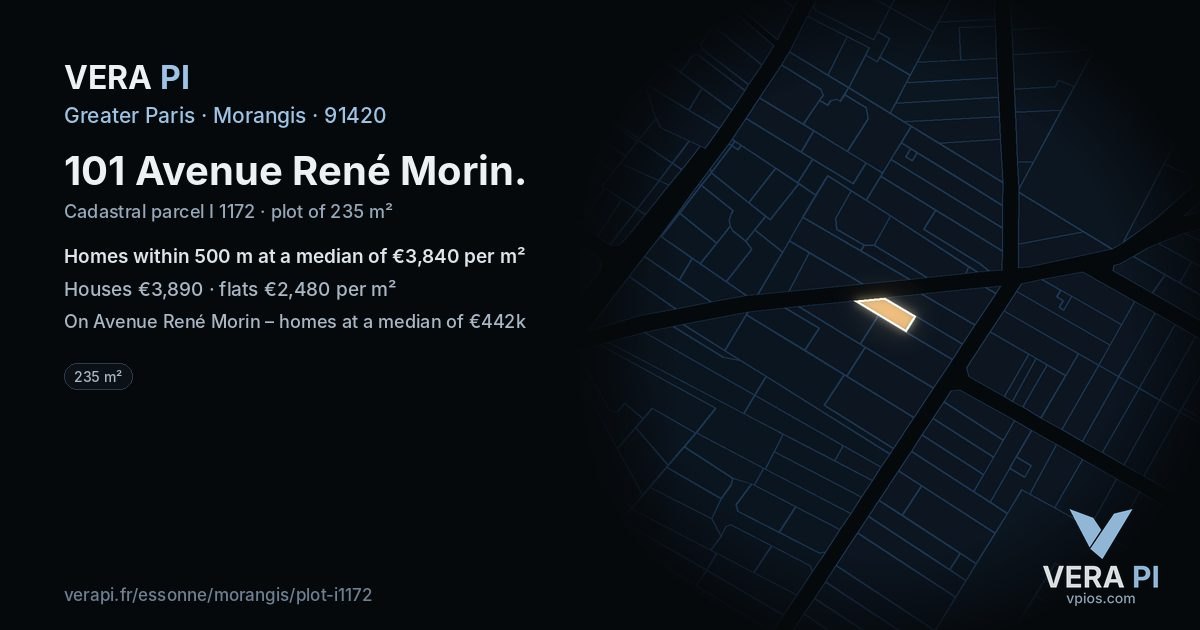 101 Avenue René Morin, Morangis at night – the plot lit, the parcels around coloured by the prices near them