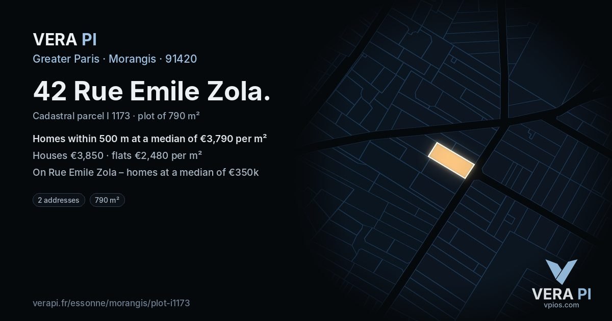 42 Rue Emile Zola, Morangis at night – the plot lit, the parcels around coloured by the prices near them