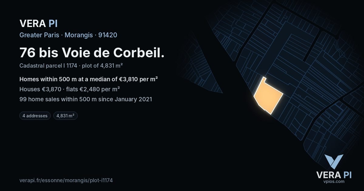 76 bis Voie de Corbeil, Morangis at night – the plot lit, the parcels around coloured by the prices near them