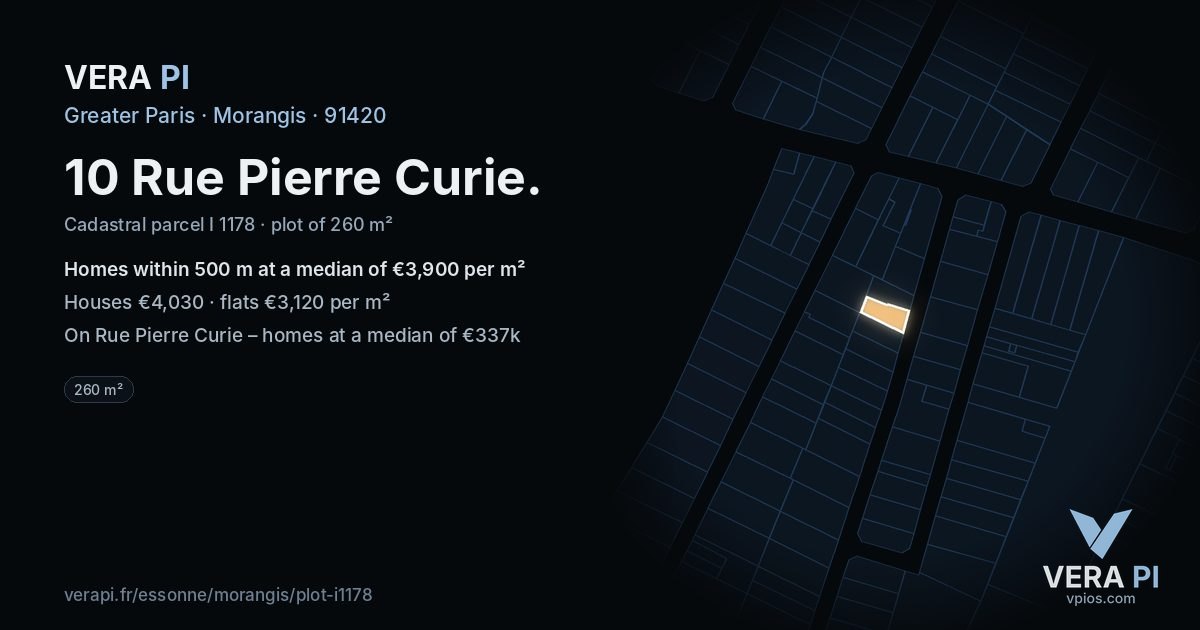 10 Rue Pierre Curie, Morangis at night – the plot lit, the parcels around coloured by the prices near them