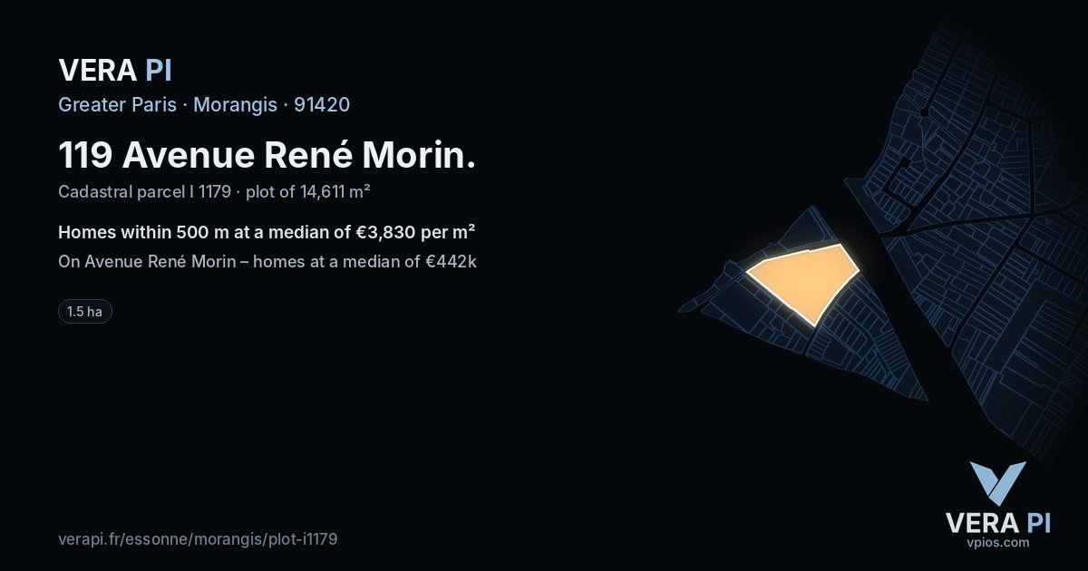 119 Avenue René Morin, Morangis at night – the plot lit, the parcels around coloured by the prices near them