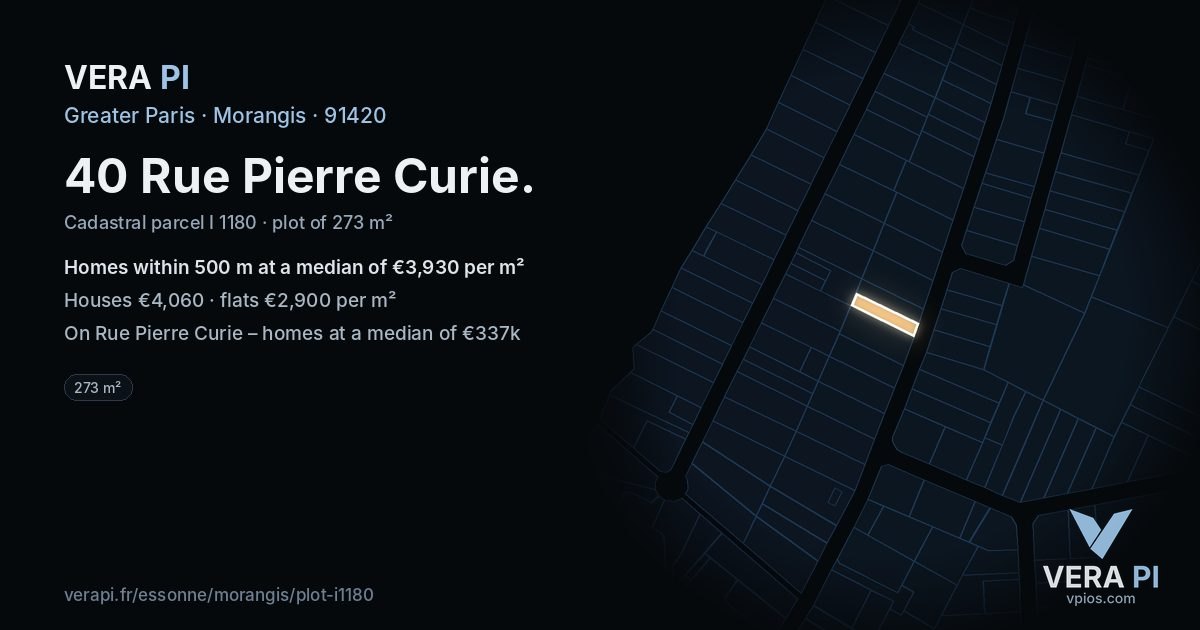 40 Rue Pierre Curie, Morangis at night – the plot lit, the parcels around coloured by the prices near them