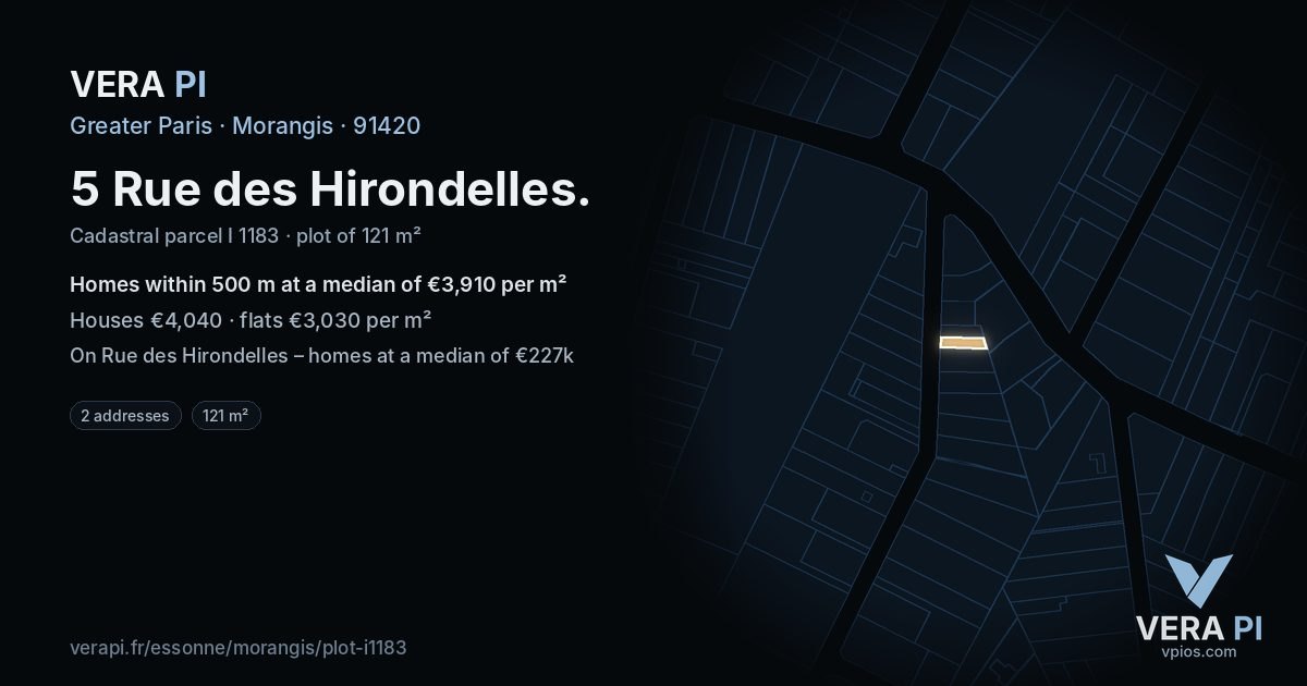 5 Rue des Hirondelles, Morangis at night – the plot lit, the parcels around coloured by the prices near them