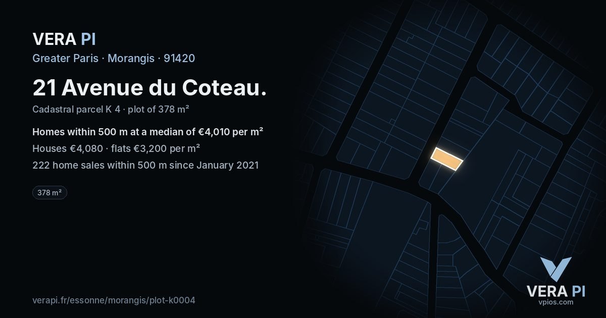 21 Avenue du Coteau, Morangis at night – the plot lit, the parcels around coloured by the prices near them