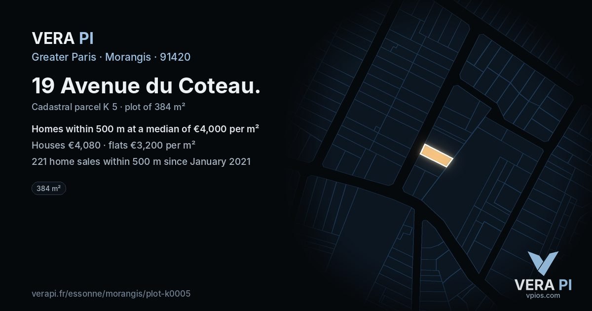 19 Avenue du Coteau, Morangis at night – the plot lit, the parcels around coloured by the prices near them
